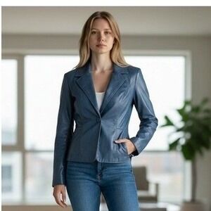 Rave Blue Faux Leather Single Button Blazer Jacket Size L